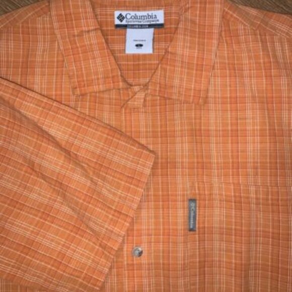 Columbia Mens Orange Short Sleeve Button Up Large Casual Shirt With Logo Pocket - Picture 1 of 7